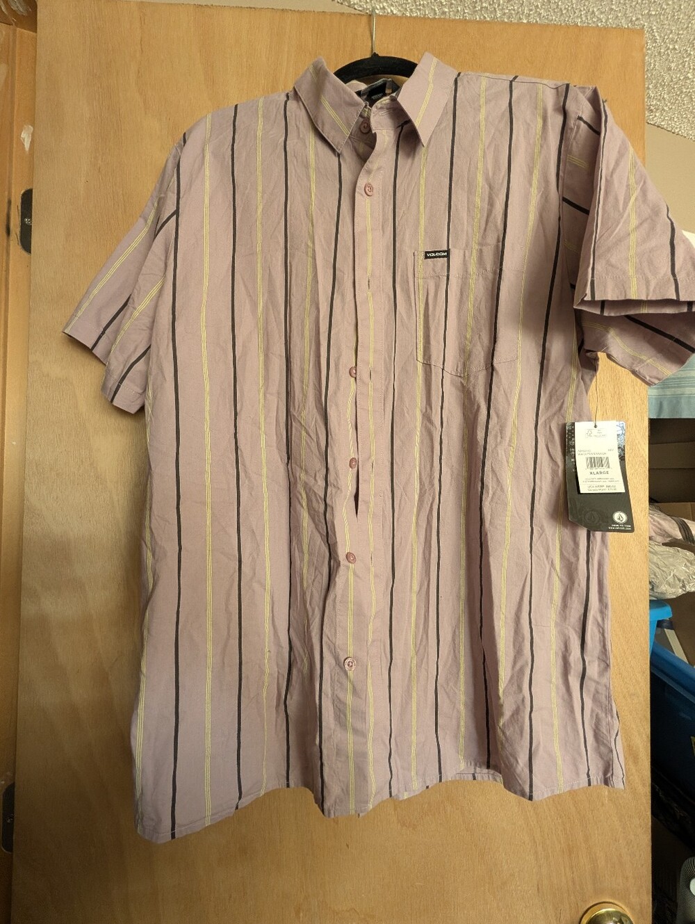 Volcom Lavender Short-Sleeve Button-Down with Yellow & Black Stripes